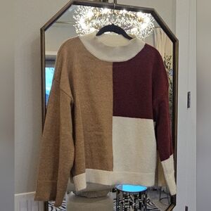 Blu Pepper Tan, Burgundy, and Cream Cowl Neck Sweater